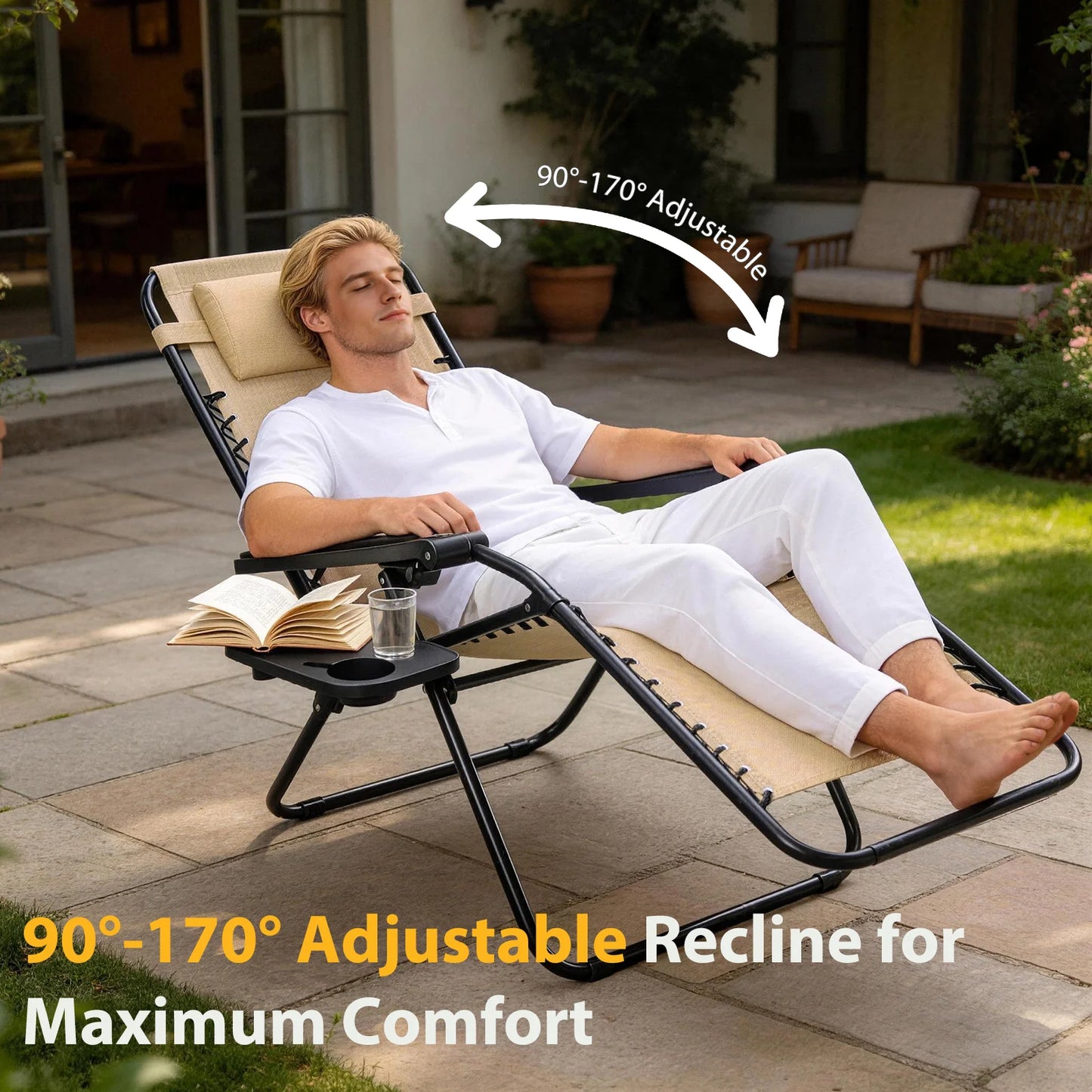 JHK Portable Zero Gravity Recliner Chairs Set of 2 Outdoor Garden Folding Lounge Chair with Cup Holder Trays Adjustable Pillow
