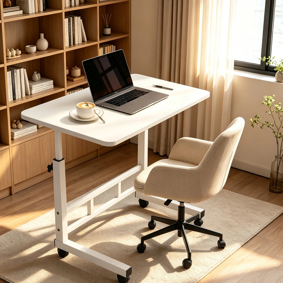 Adjustable Height Standing Desk With Wheels, Mobile C Shaped Laptop Table, Rolling Computer Workstation For Home Office Bed Sofa
