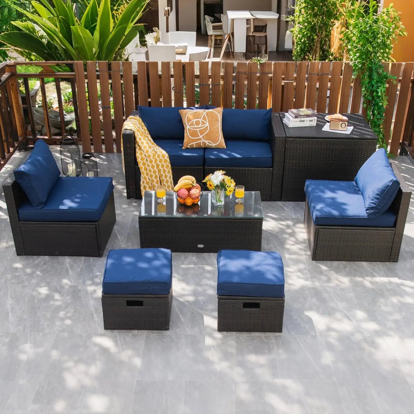 Rattan Outdoor Furniture Set With Glass Table And Storage Ottoman