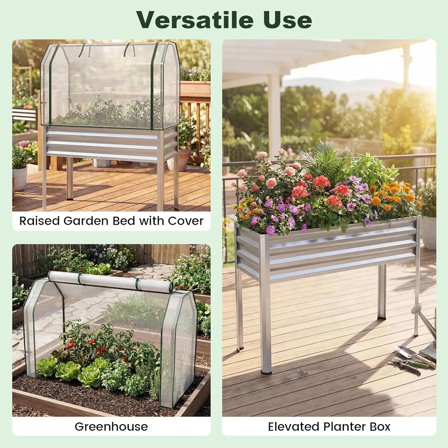 Raised Metal Garden Bed With Legs And Greenhouse Cover Roll Up Door