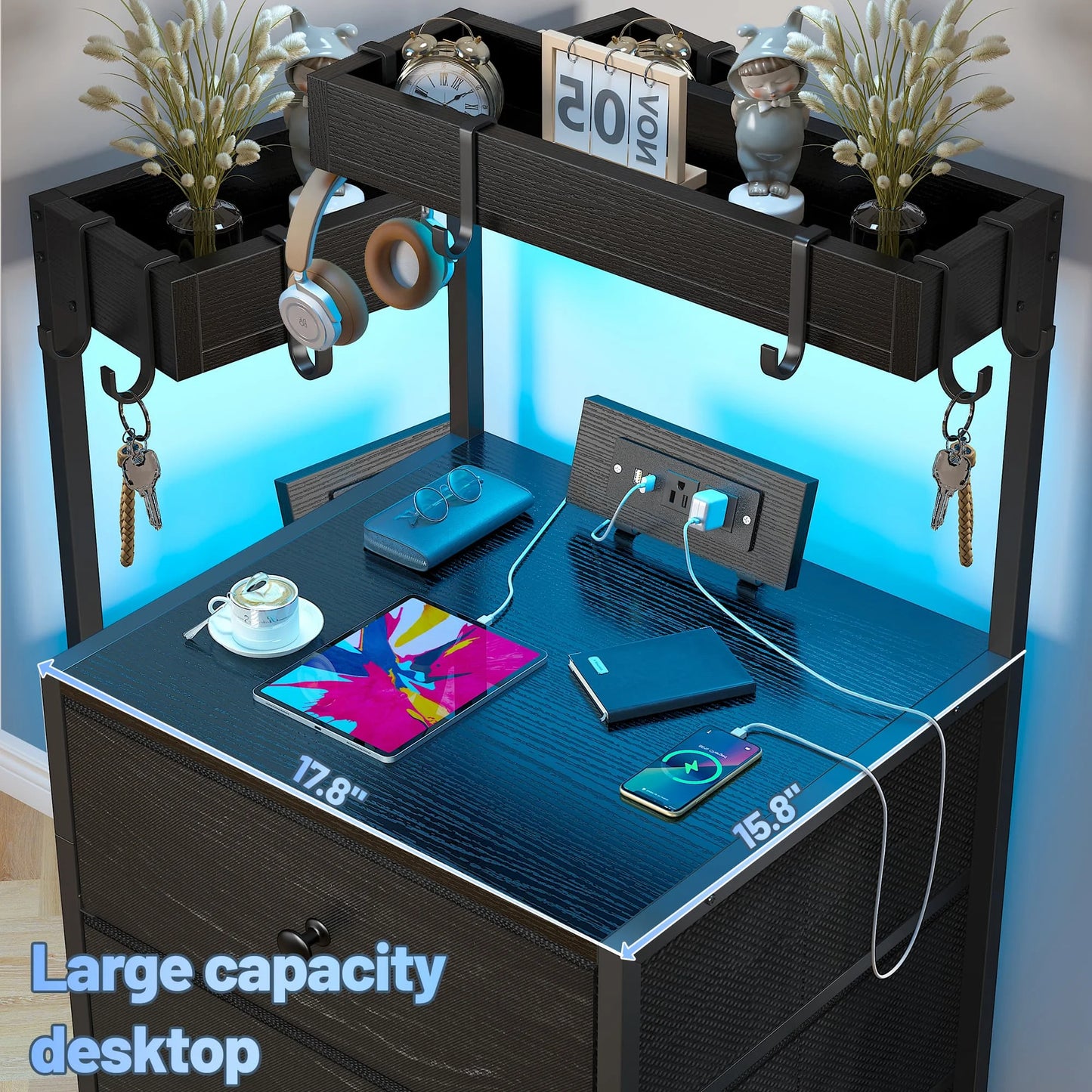 EnHomee 2 Pack Nightstands, LED RGB Bedside Table with Charging Station, 3 Fabric Drawers Side Table with Shelf & Hooks for Bedroom Entryway Closet