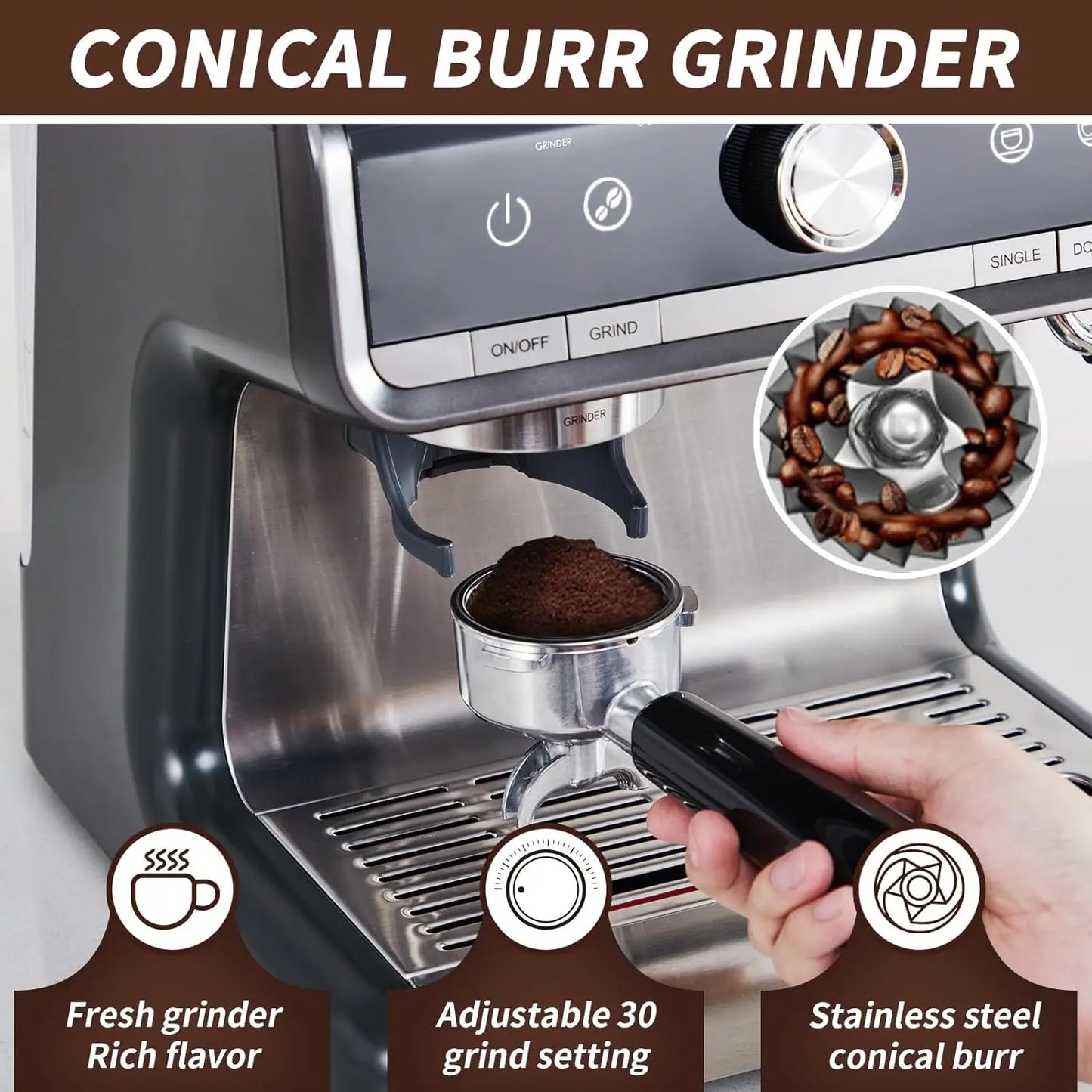 Acekool Espresso Machine With Grinder And Milk Frother Steam Wand 20 Bar