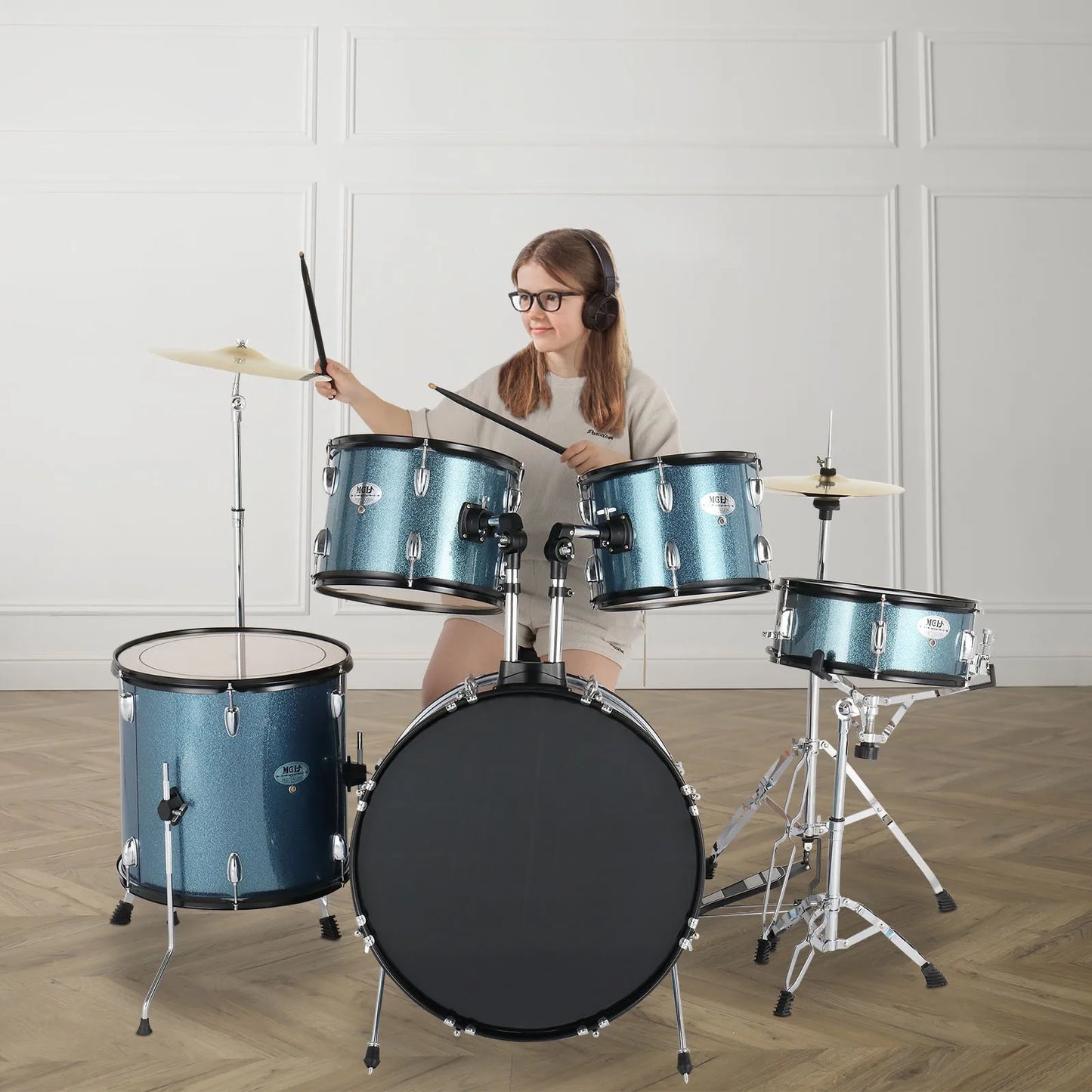 Full Size 5-Piece Bass Drum Kit With Stool Sticks And Cymbals