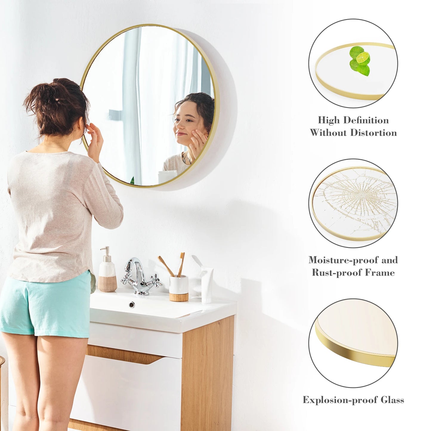 JHK Round Vanity Mirror With Matte Metal Frame Wall Mount