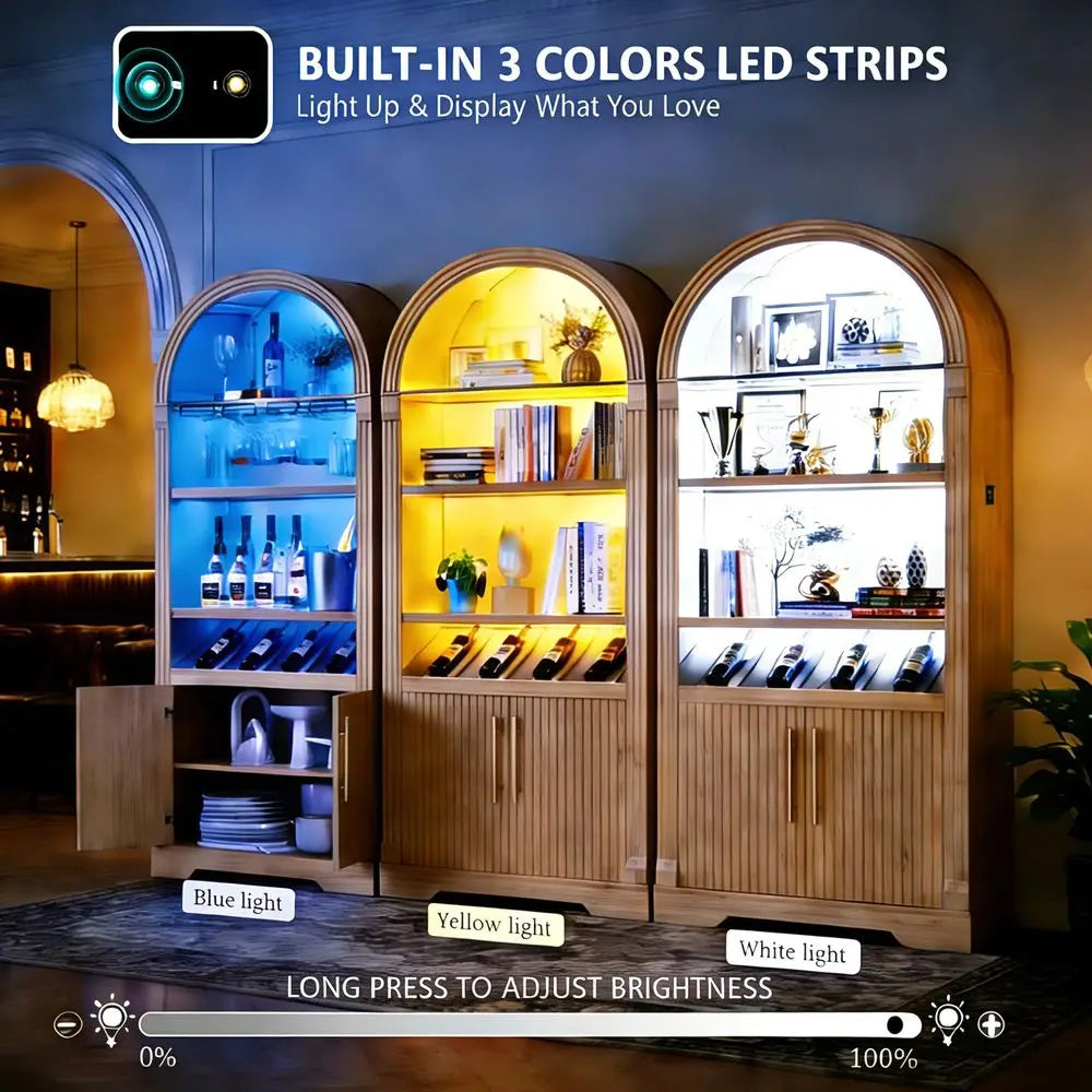 Arched Wine Bar Cabinet With LED Light and Stemware Rack