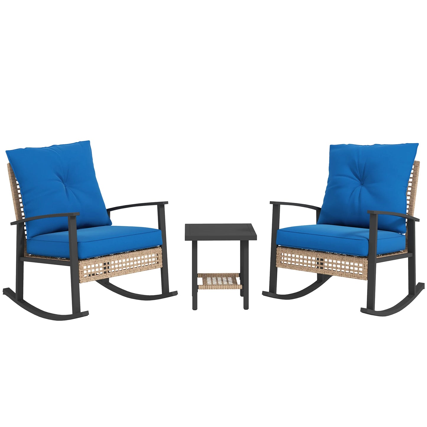 Outsunny 3 Piece Metal Rattan Bistro Set With Rocking Chairs And Coffee Table Dark Blue