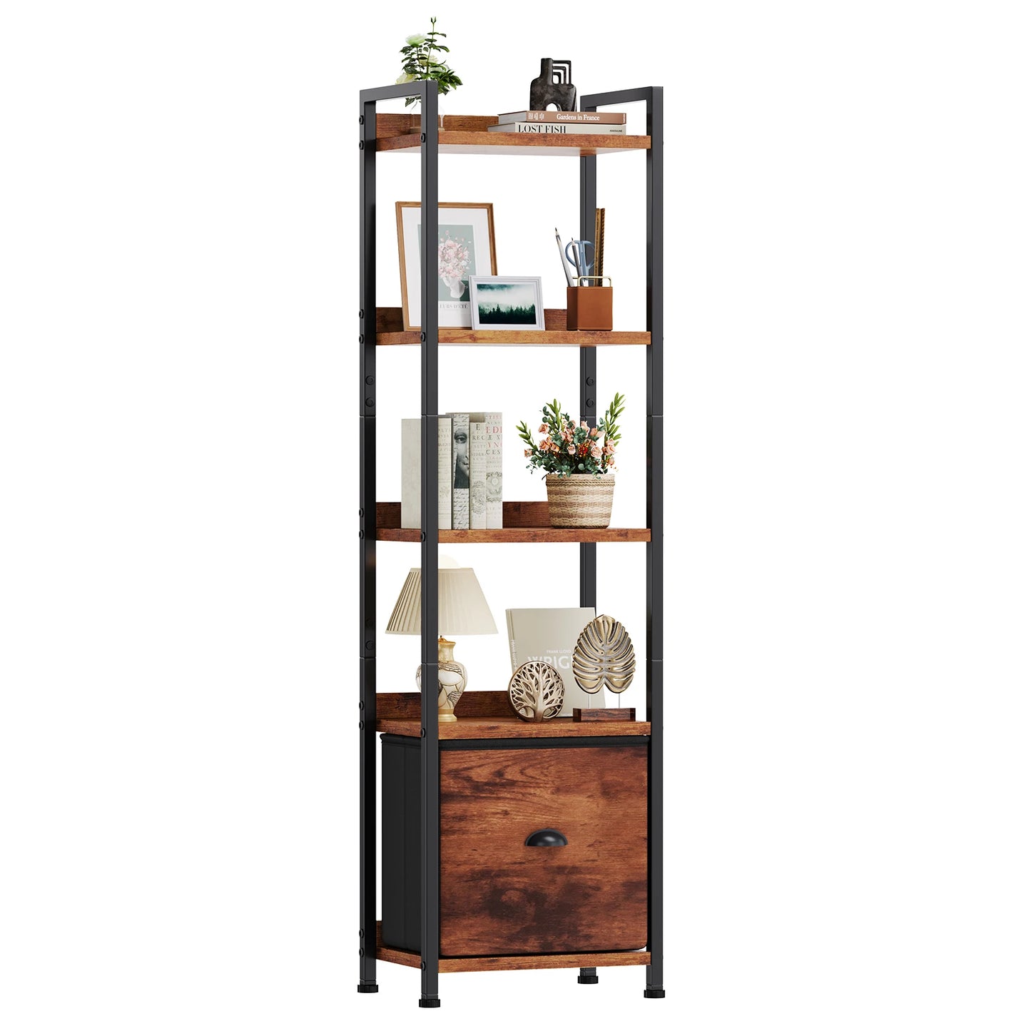 MCQ 5 Tier Metal And Wood Bookshelf With Fabric Drawers