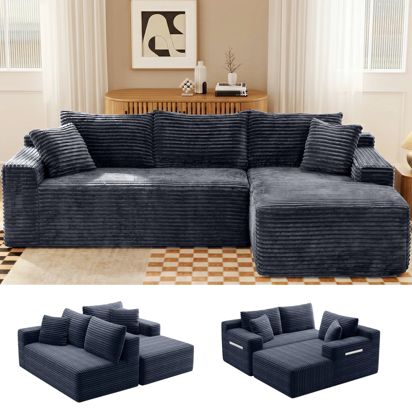 Black Corduroy Modular L-Shape Sectional Sofa With Chaise