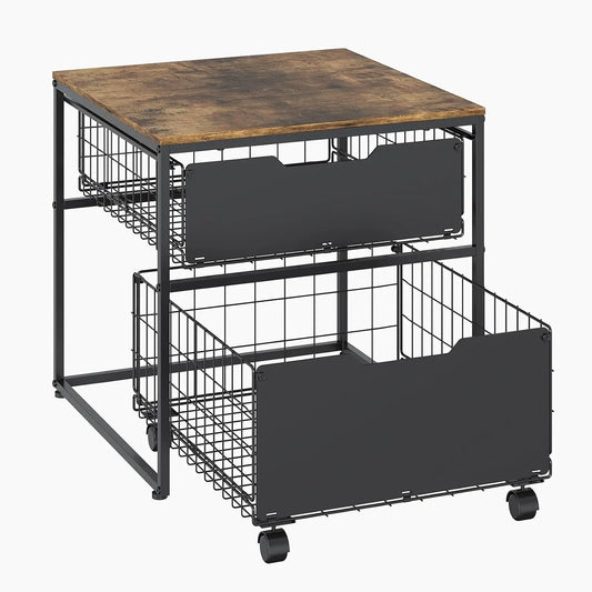 Small Fridge Stand With Metal Storage Drawer Basket And Steel Frame 4 Wheels 300 Lbs Capacity Brown Compact Multi-Functional Kitchen Organizer Table For Mini Fridge In Dorm And Office