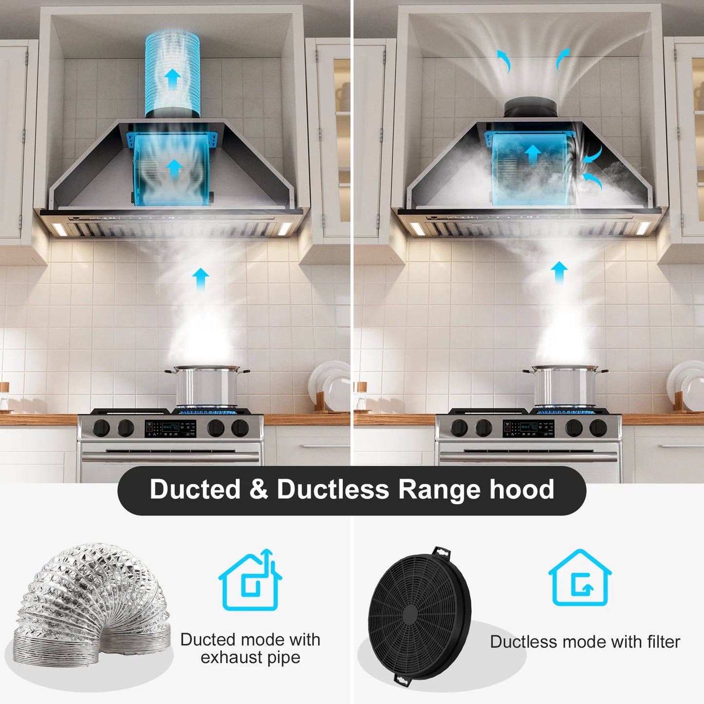 BRANO Range Hood Insert 900 CFM Voice Gesture Touch Control