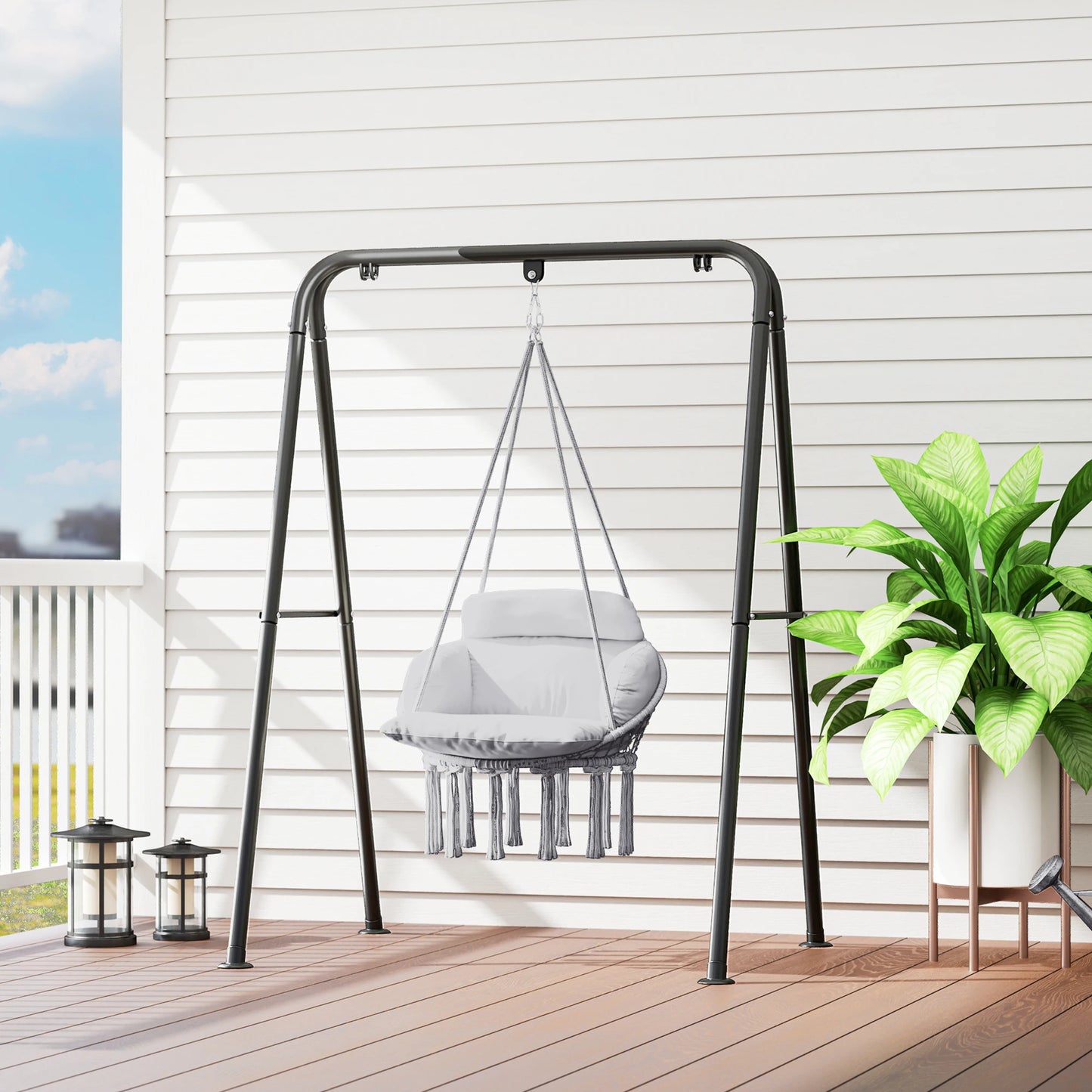None Gray Outdoor Hanging Hammock Chair With Macrame Cushion