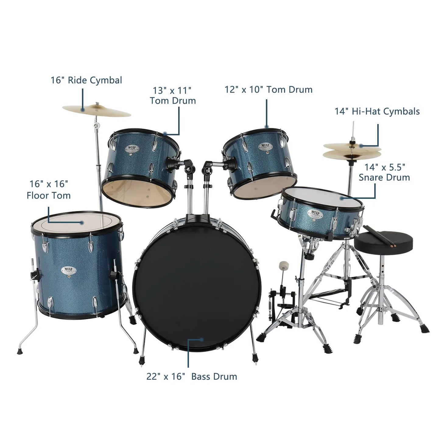 Full Size 5-Piece Bass Drum Kit With Stool Sticks And Cymbals