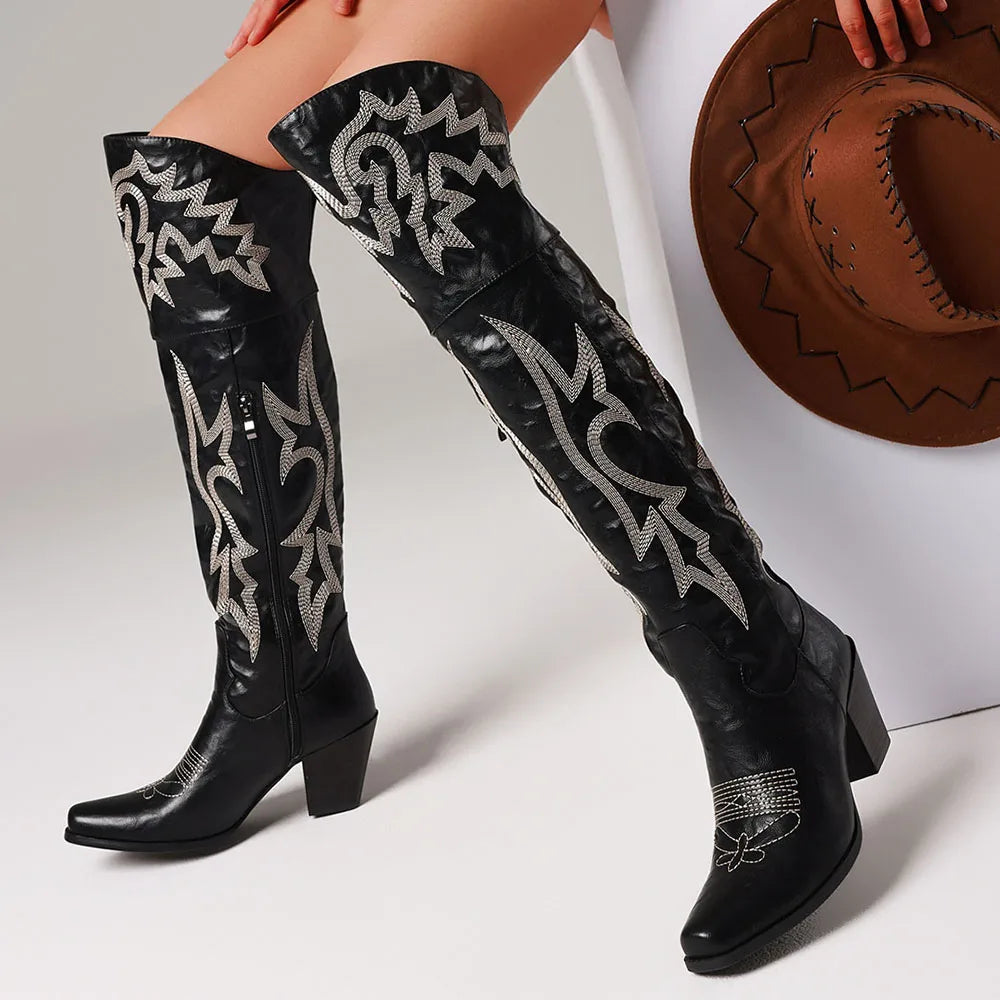 Over The Knee Western Boots For Women Square Toe Zipper
