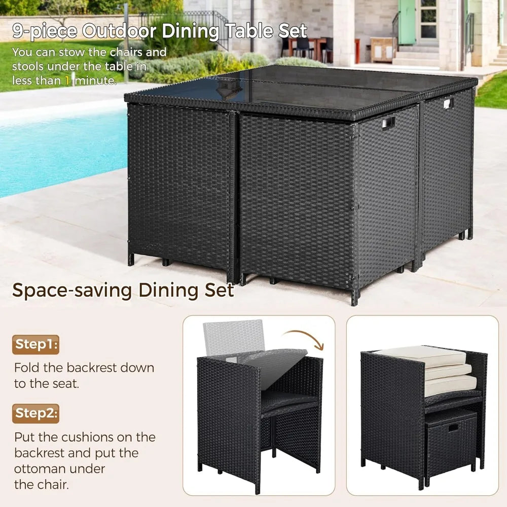 Outdoor Rattan Patio Dining Set With Glass Table And Ottomans