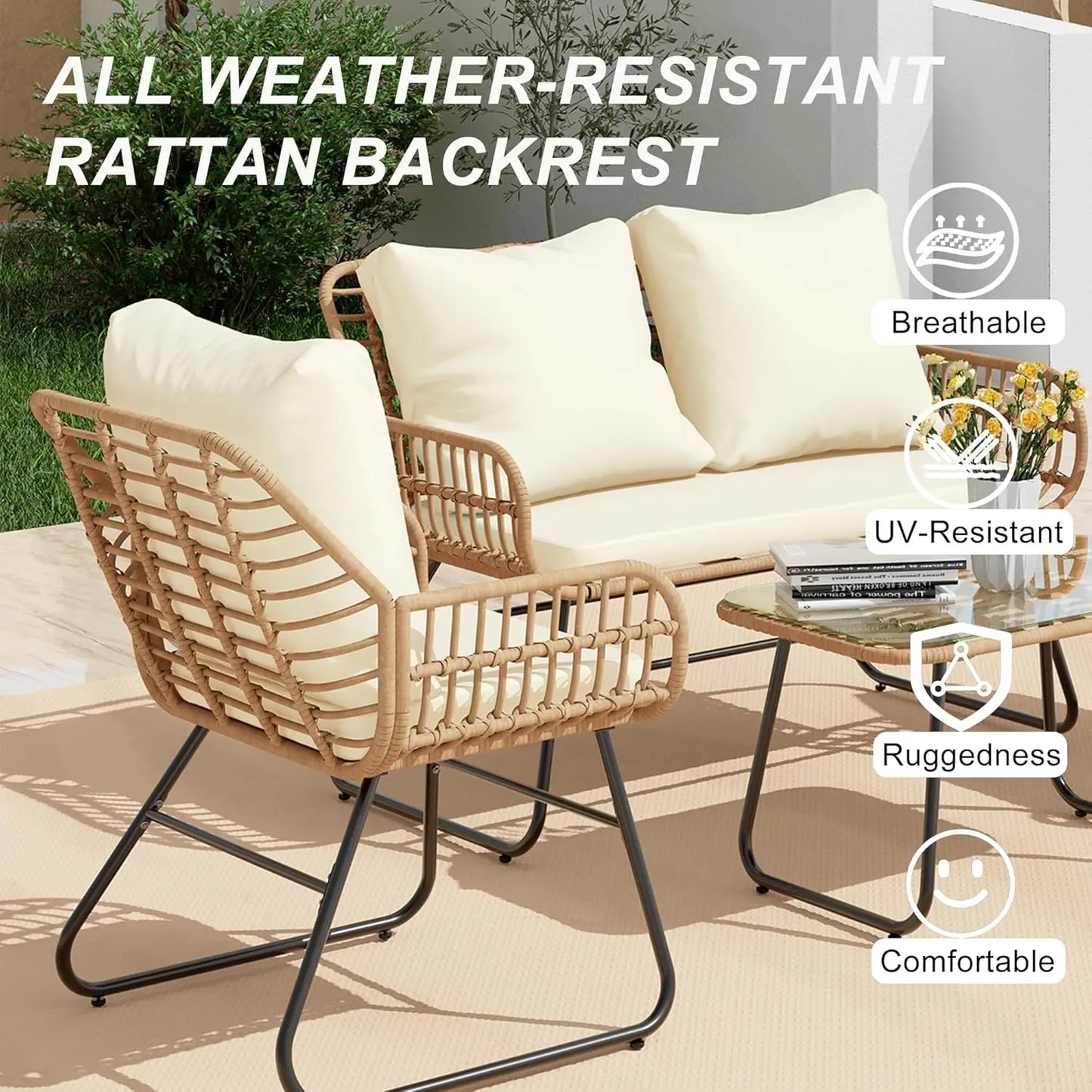 Outdoor 4 Piece Furniture Set Cushions And Tempered Glass Table