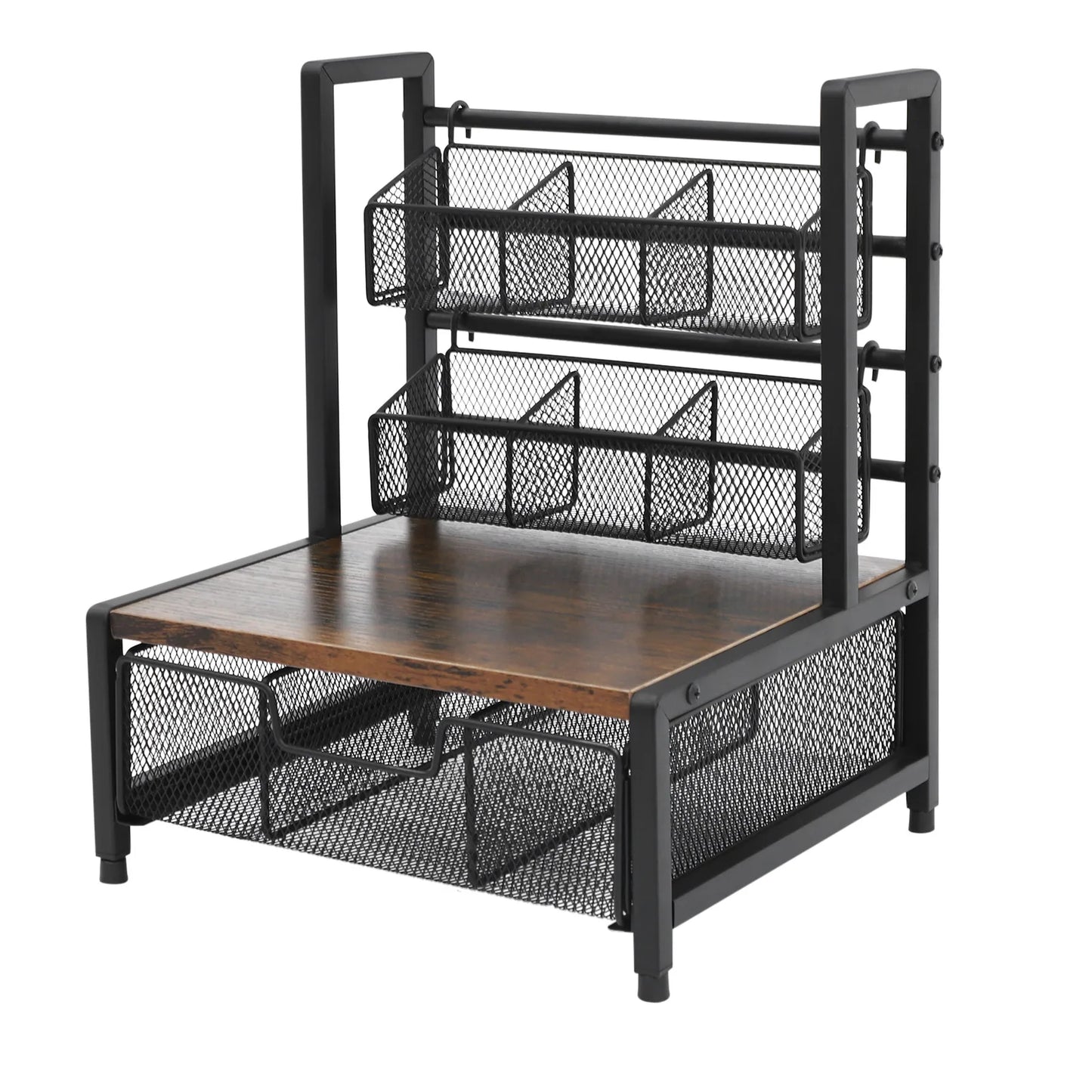 Tea Bag Organizer 3-Tier Countertop Storage Holder with 2 Wire Baskets & Drawer Industrial Rustic Metal Wood Frame for Coffee Pods Sugar Packets Spices
