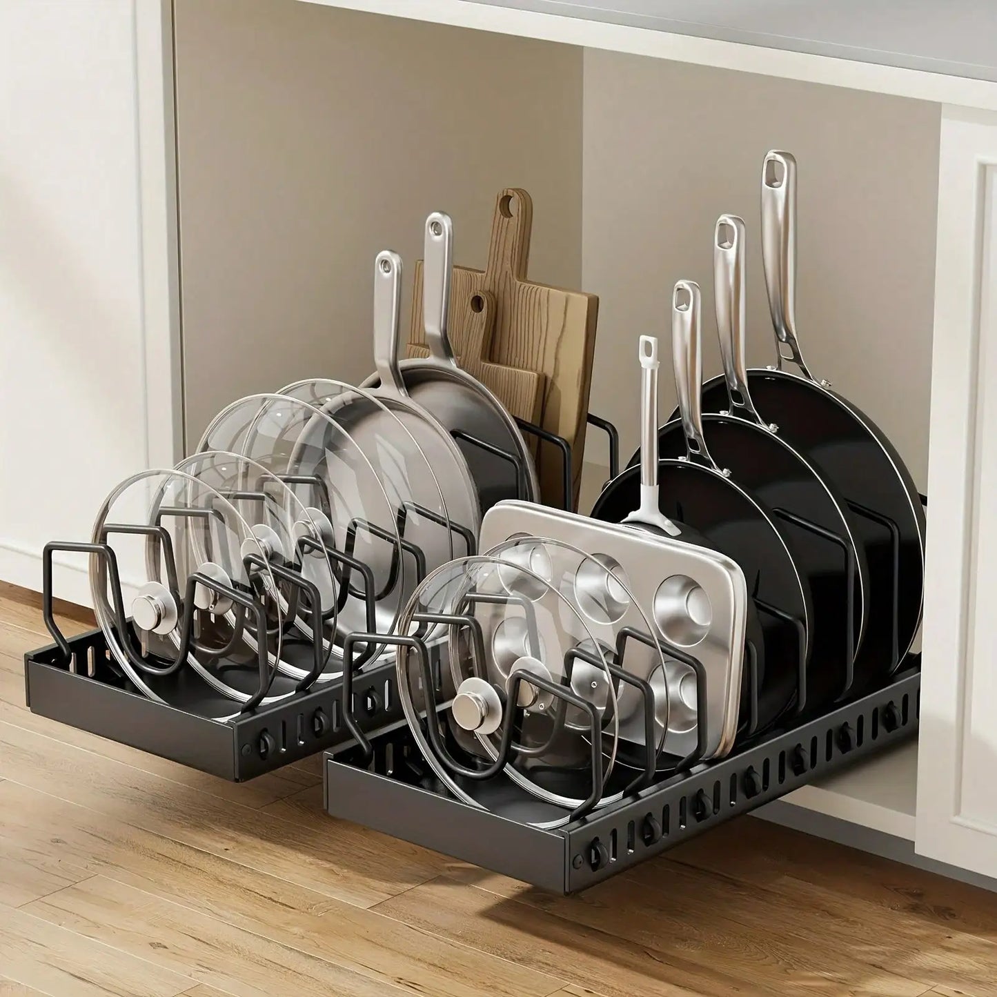 Pull-Out Pot And Pan Organizer, Kitchen Cabinet Drawer With 10 Adjustable Dividers, Easy Assembly, Pasting Fixed, No Drilling, Large Capacity, Heavy Duty, Expandable Length Between 16.93-23.23 Inches, Perfect Mother's Day Gif