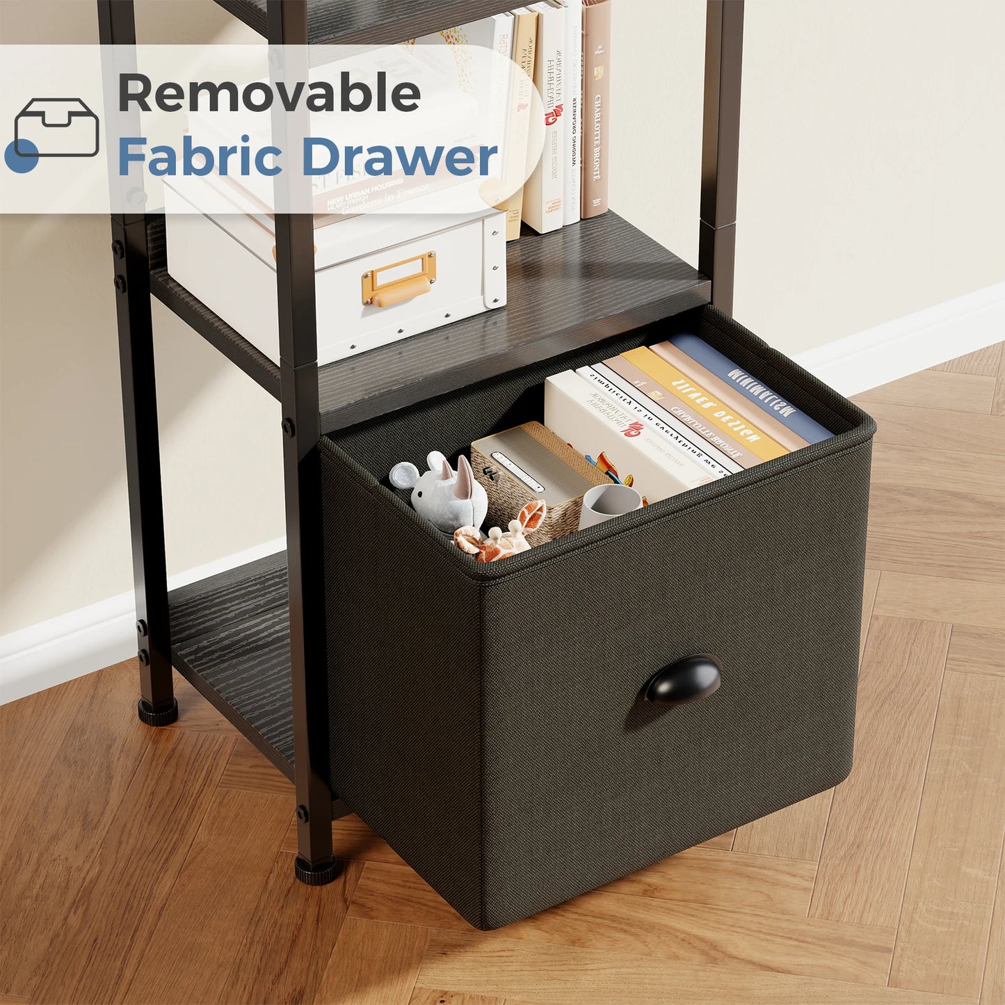 MCQ 5 Tier Metal And Wood Bookshelf With Fabric Drawers