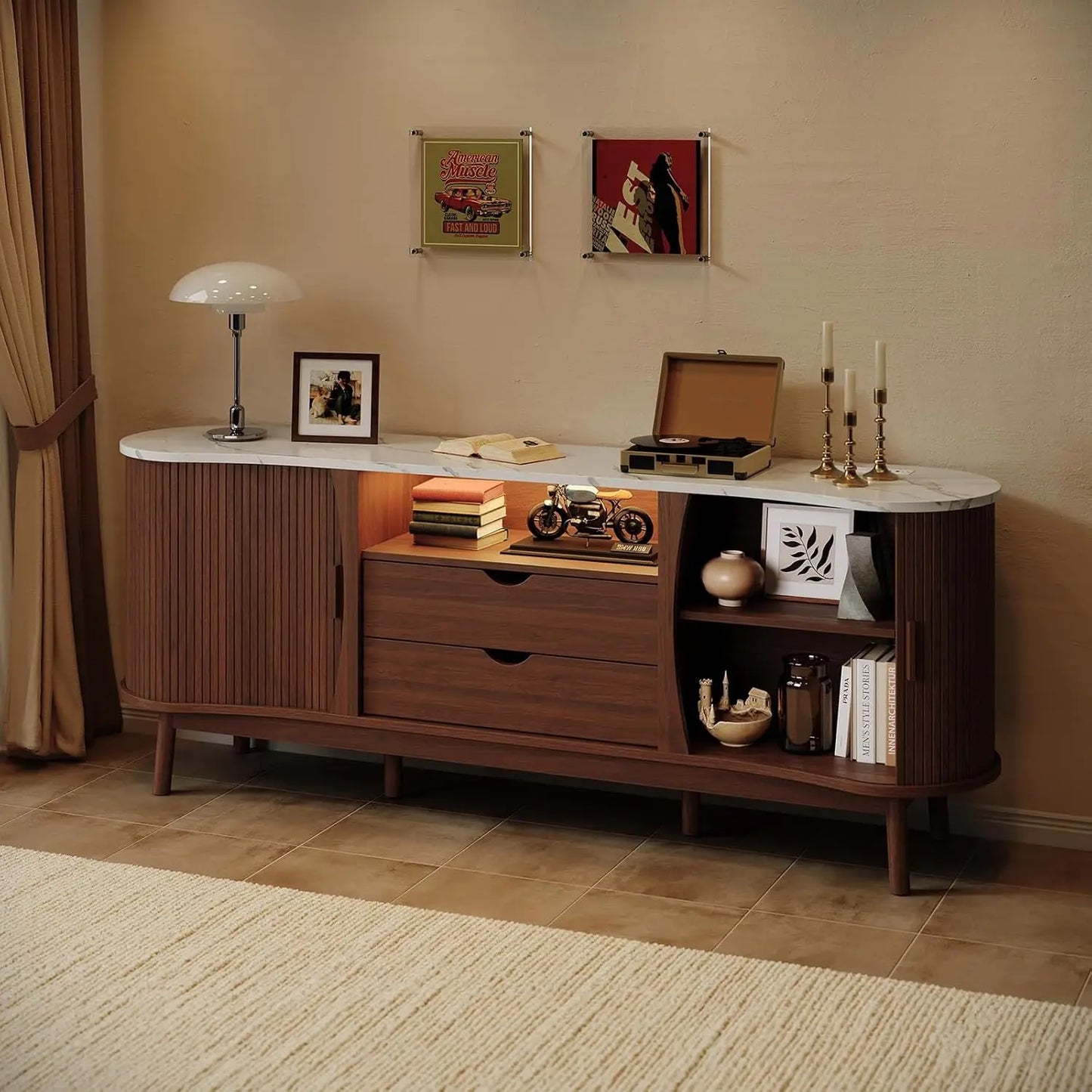 Onbrill 70 Inch Fluted Tv Stand Entertainment Center