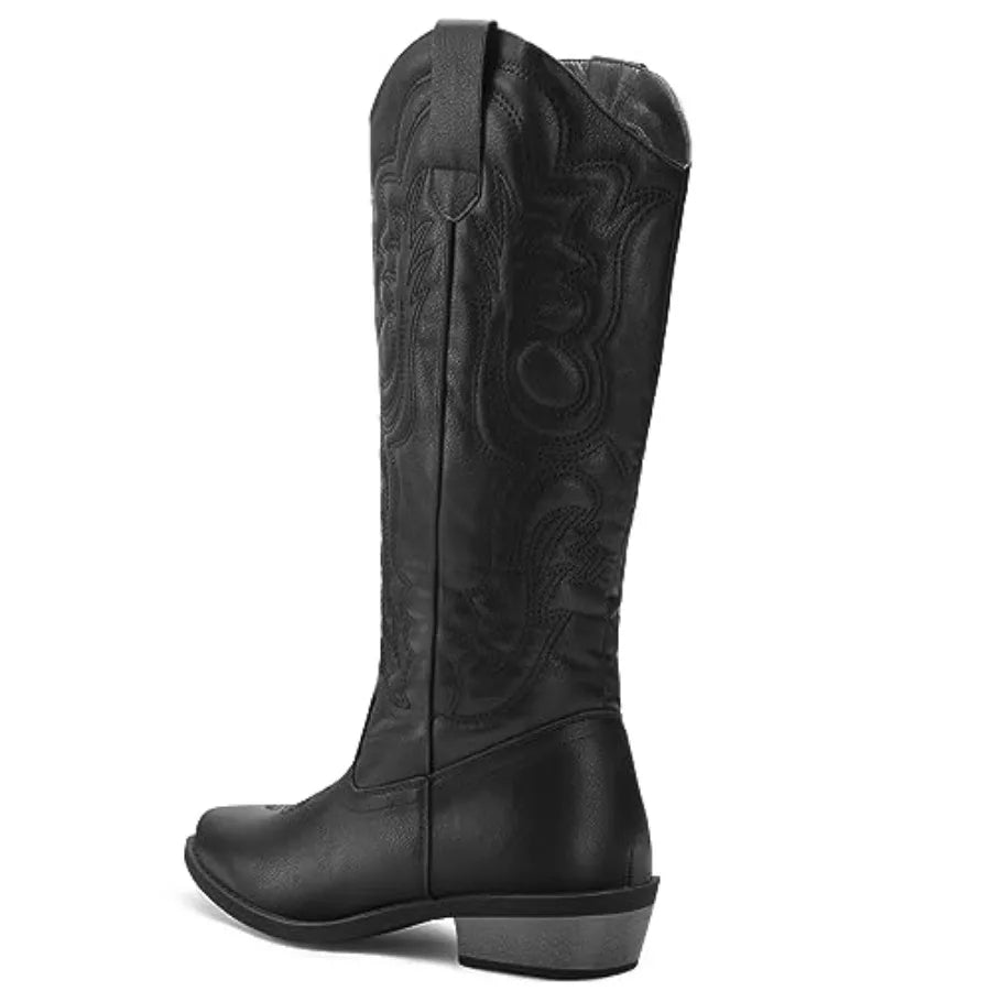 Women's Mid Calf Western Embroidered Cowboy Boots With Pull-On Pointed Toe