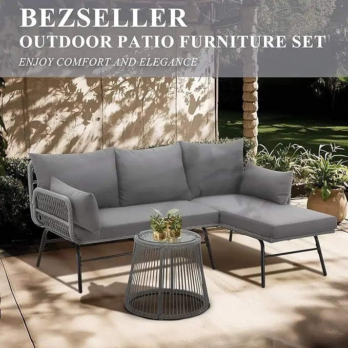 XIUWO Outdoor 3-Piece L-Shaped Rattan Patio Furniture Set