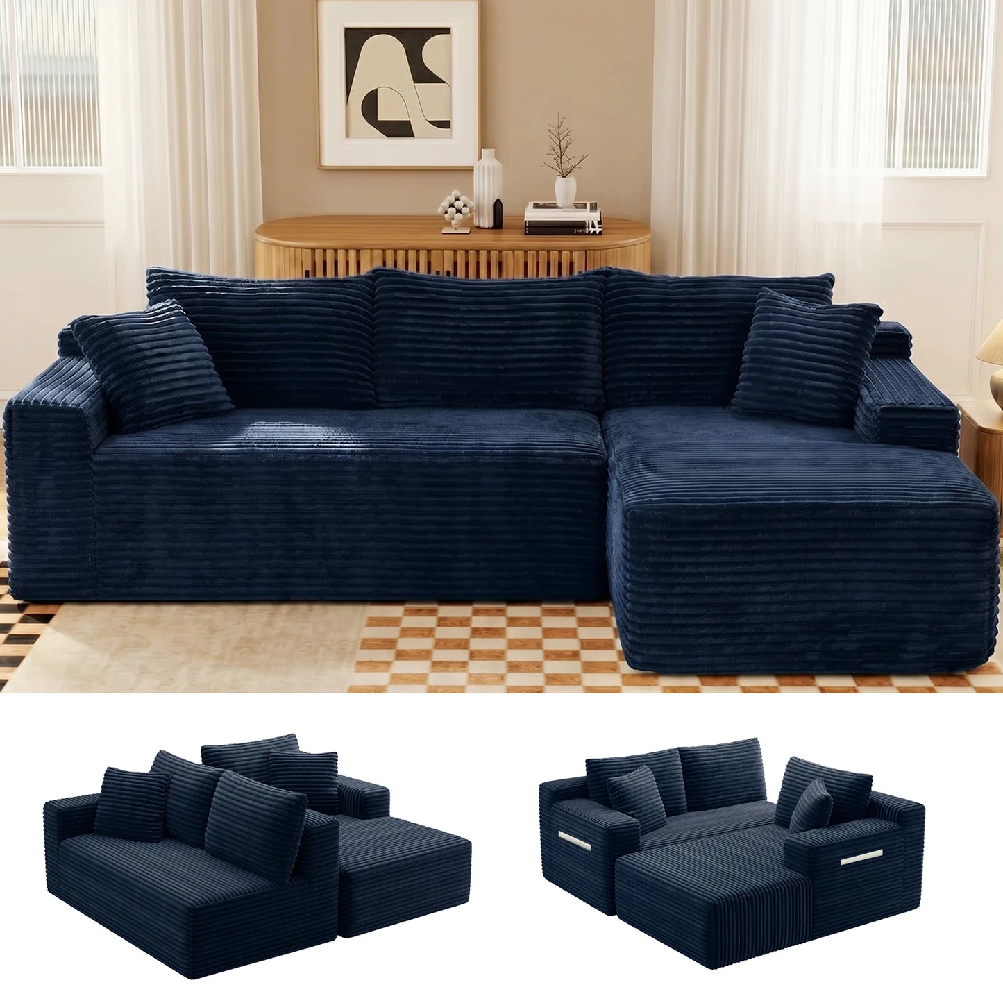 Black Corduroy Modular L-Shape Sectional Sofa With Chaise