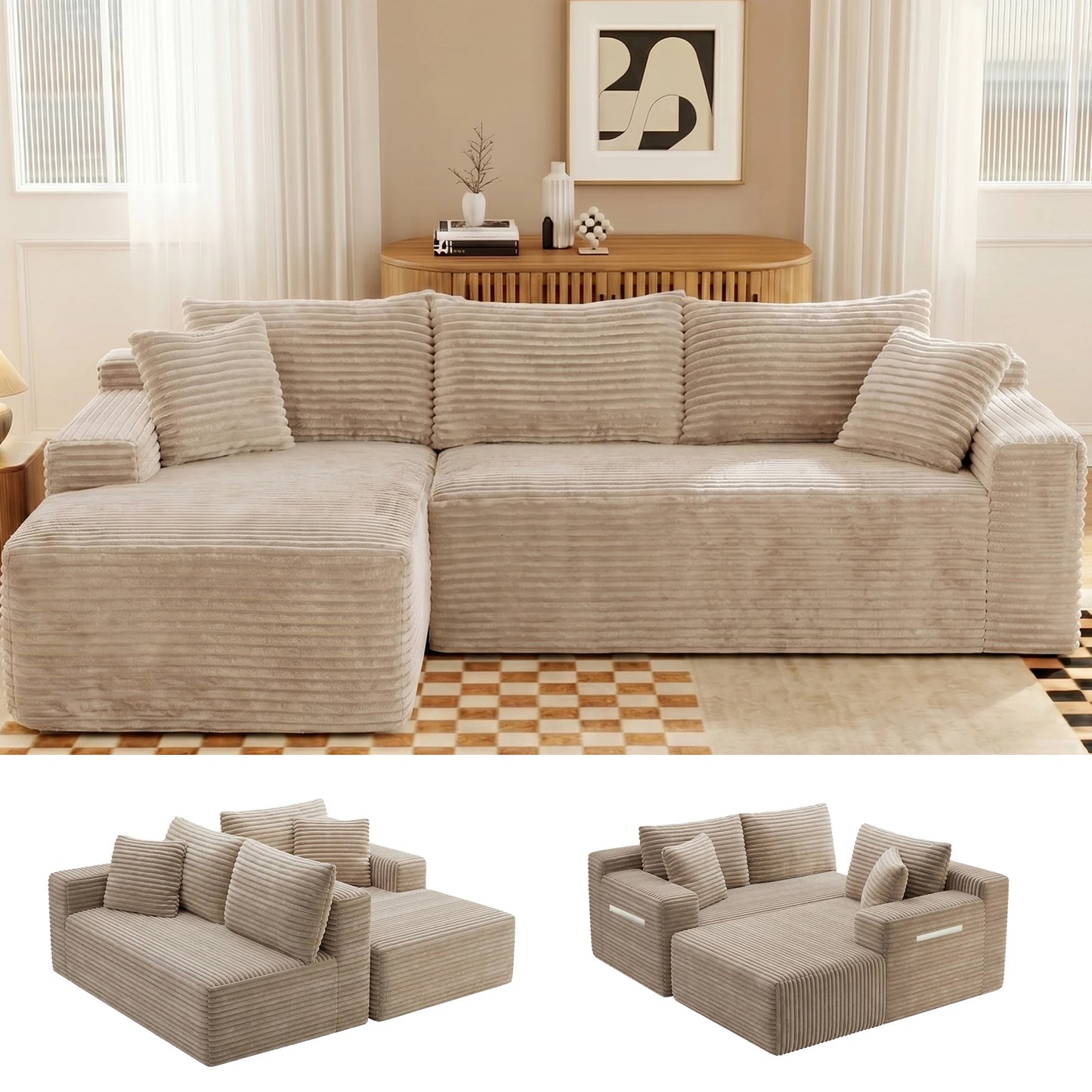 Black Corduroy Modular L-Shape Sectional Sofa With Chaise