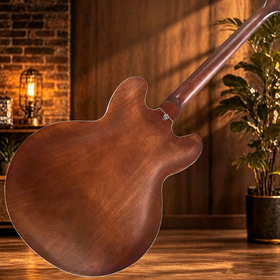 New Semi Hollow Design Electric Guitar with Symmetrical Body and Protective Plate, 6 Strings