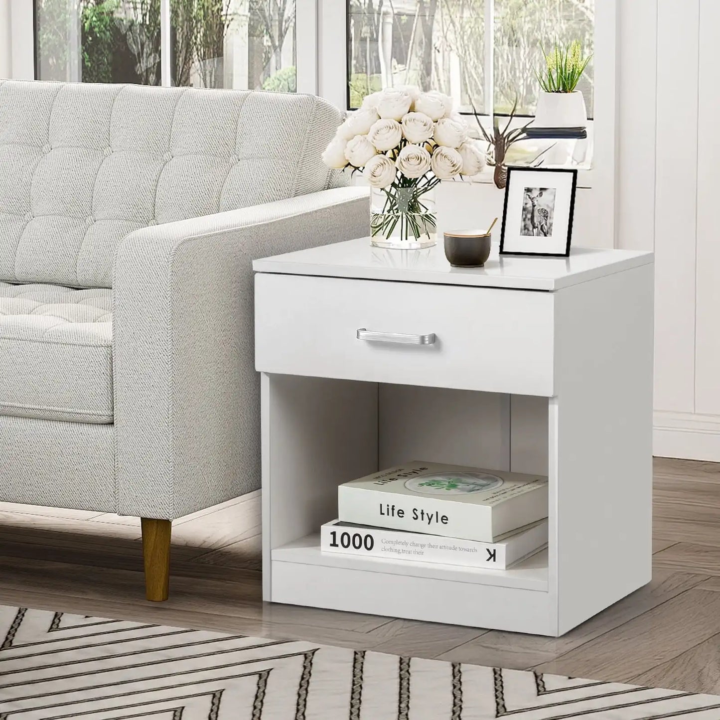 White Set Of 2 Wood Elegant Night Stand W/1 Drawer Storage Beside End Table