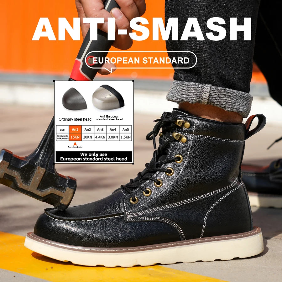 Two Layer Cowhide Mens High Top Work Safety Shoes Anti Smash Puncture
