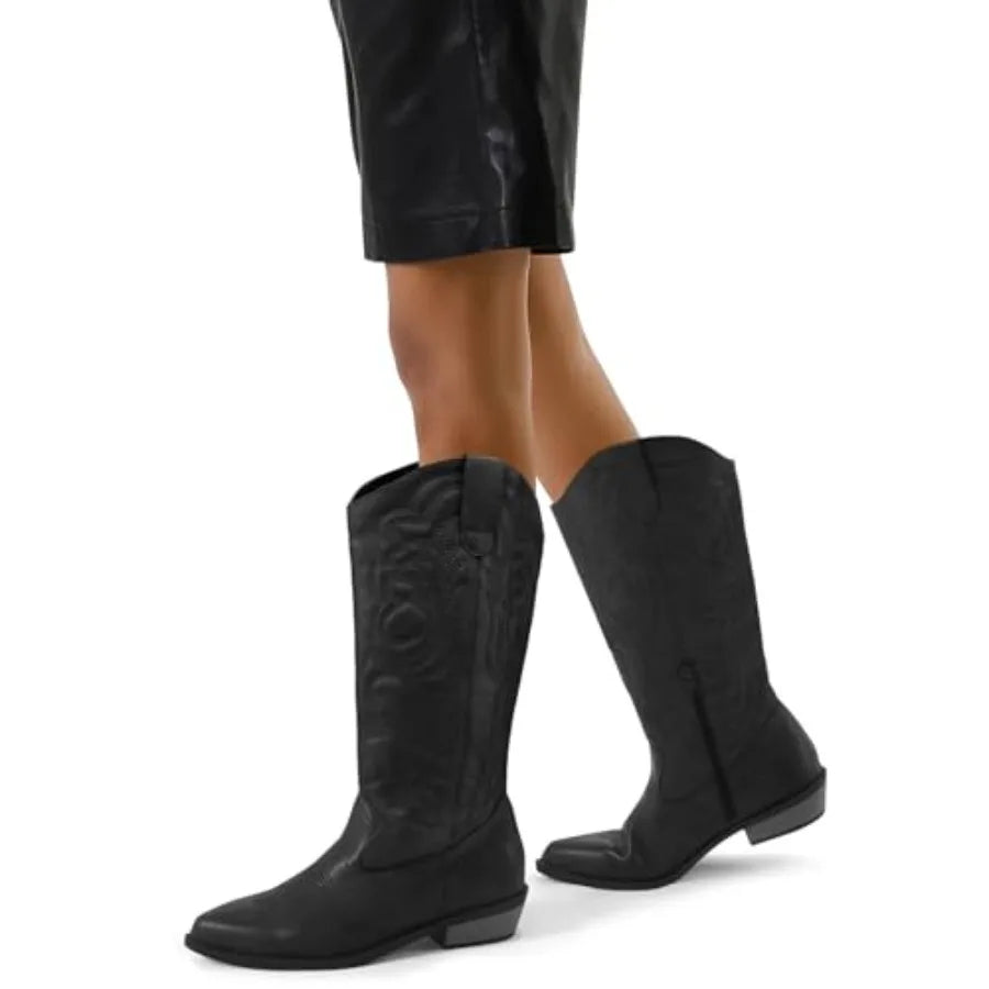 Women's Mid Calf Western Embroidered Cowboy Boots With Pull-On Pointed Toe