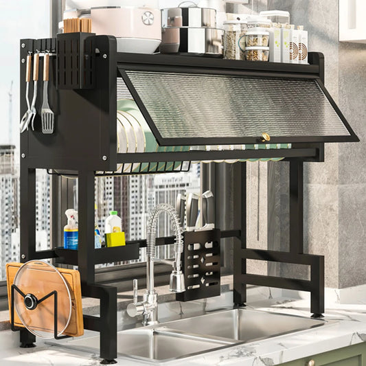 Kitchen Drain Shelf Steel Multi-Functional Kitchen Storage Rack Kitchen Sink Organizer Large Over The Sink Dish Rack with Cover
