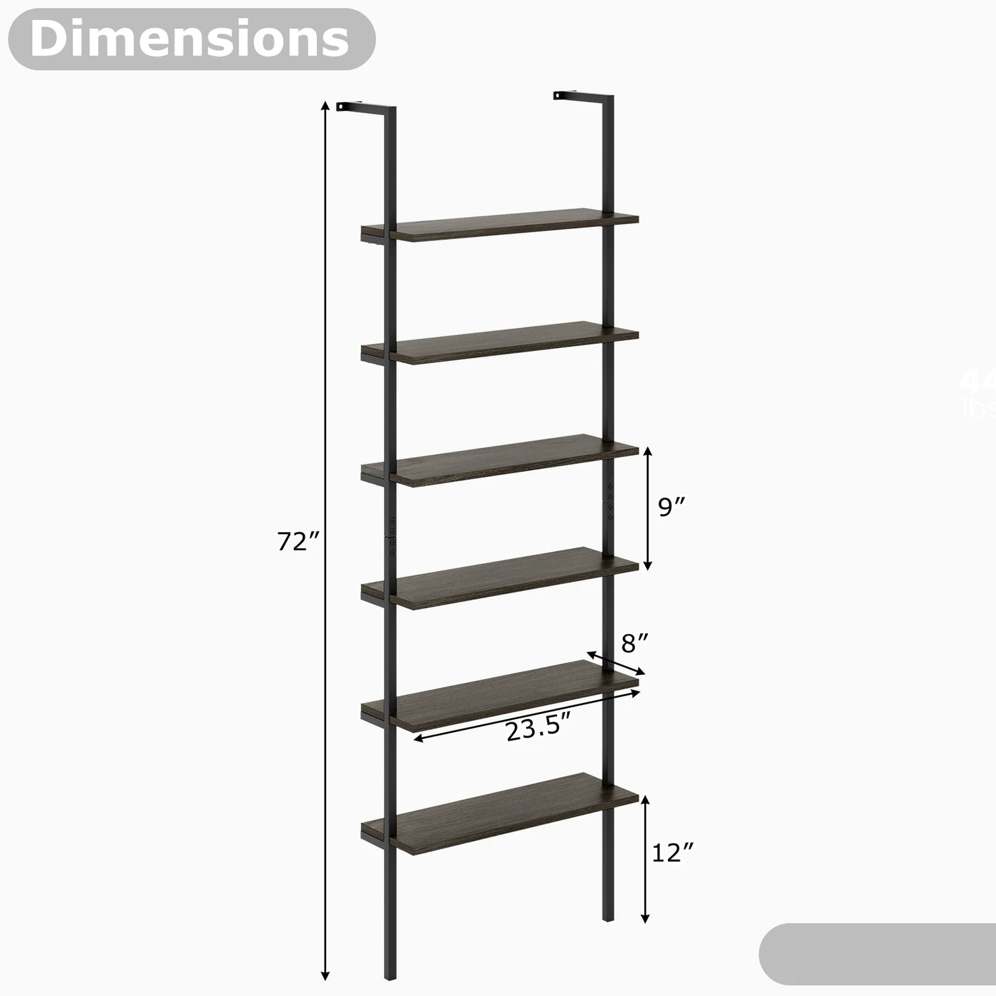 6-tier Ladder Shelf 72 Inches Industrial Wall Mounted Bookshelf Oak