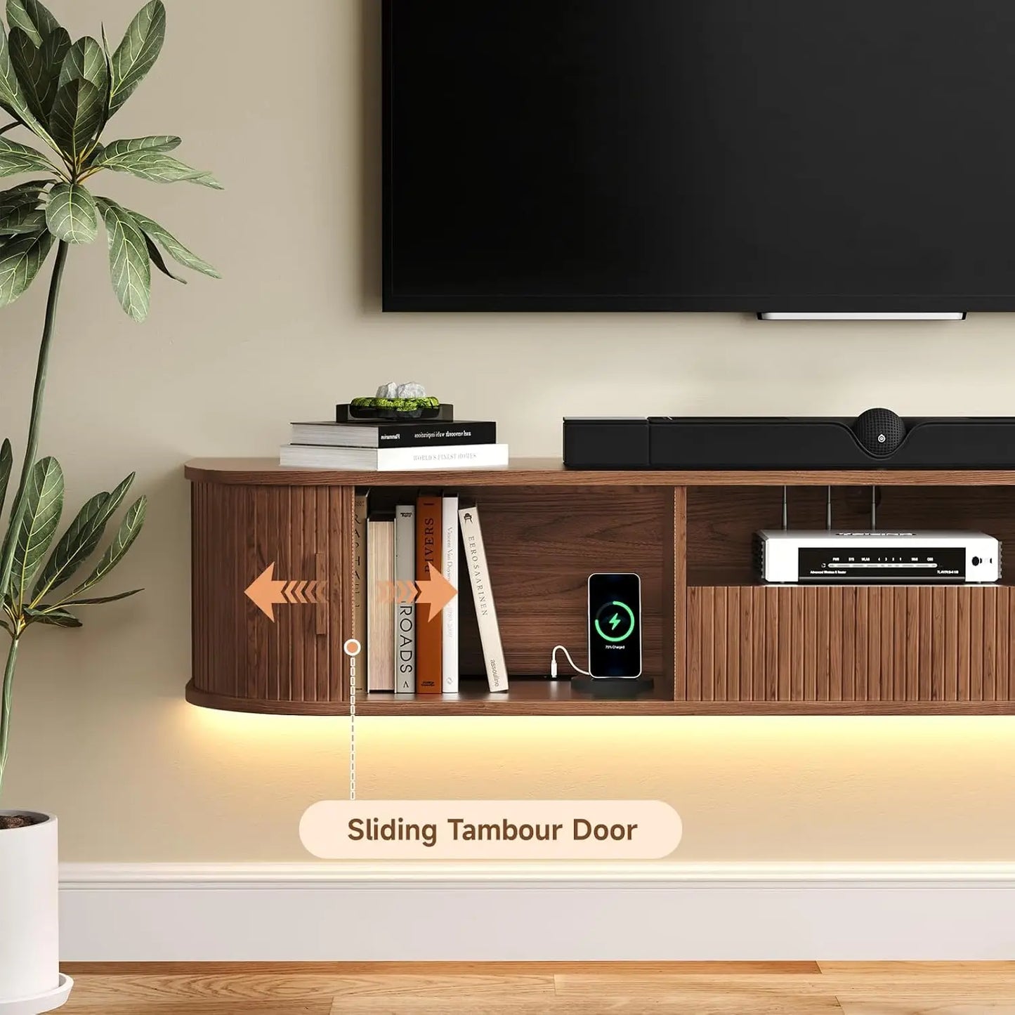 Onbrill 70 Inch Smart Floating TV Stand With Walnut Fluted Wood