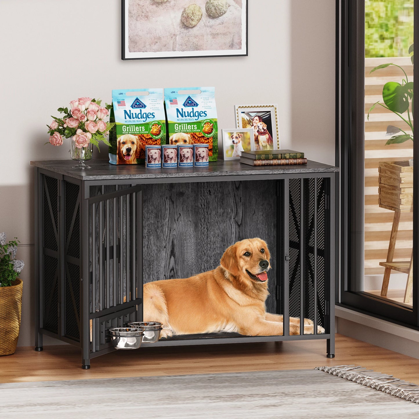Foldable Wooden Dog Crate Kennel For Indoor Use With Bowls