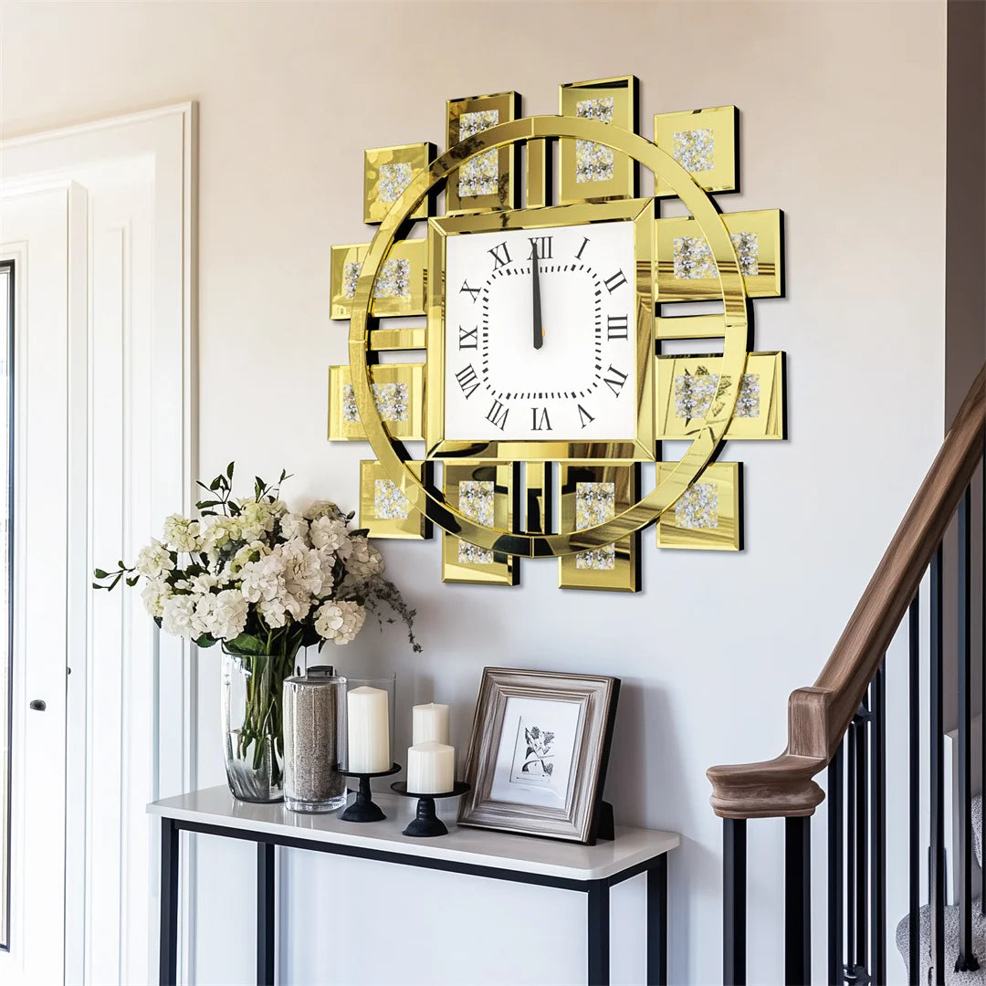 60CM Decorative Wall Clock with Silver/ Golden Crystal Crushed Diamond Inlay Battery Operated