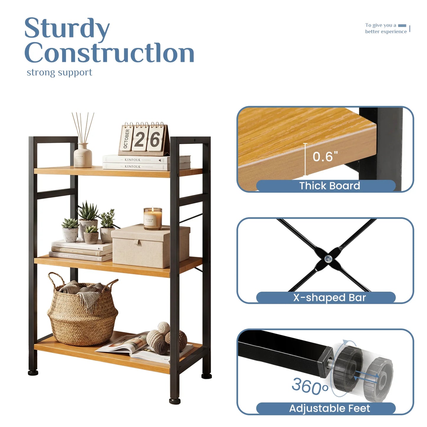 MCQ 3 Tiers Bookshelf Wooden Storage Standing Display Bookshelf Sturdy Structure Graduated Shelves Adjustable Feet for Home