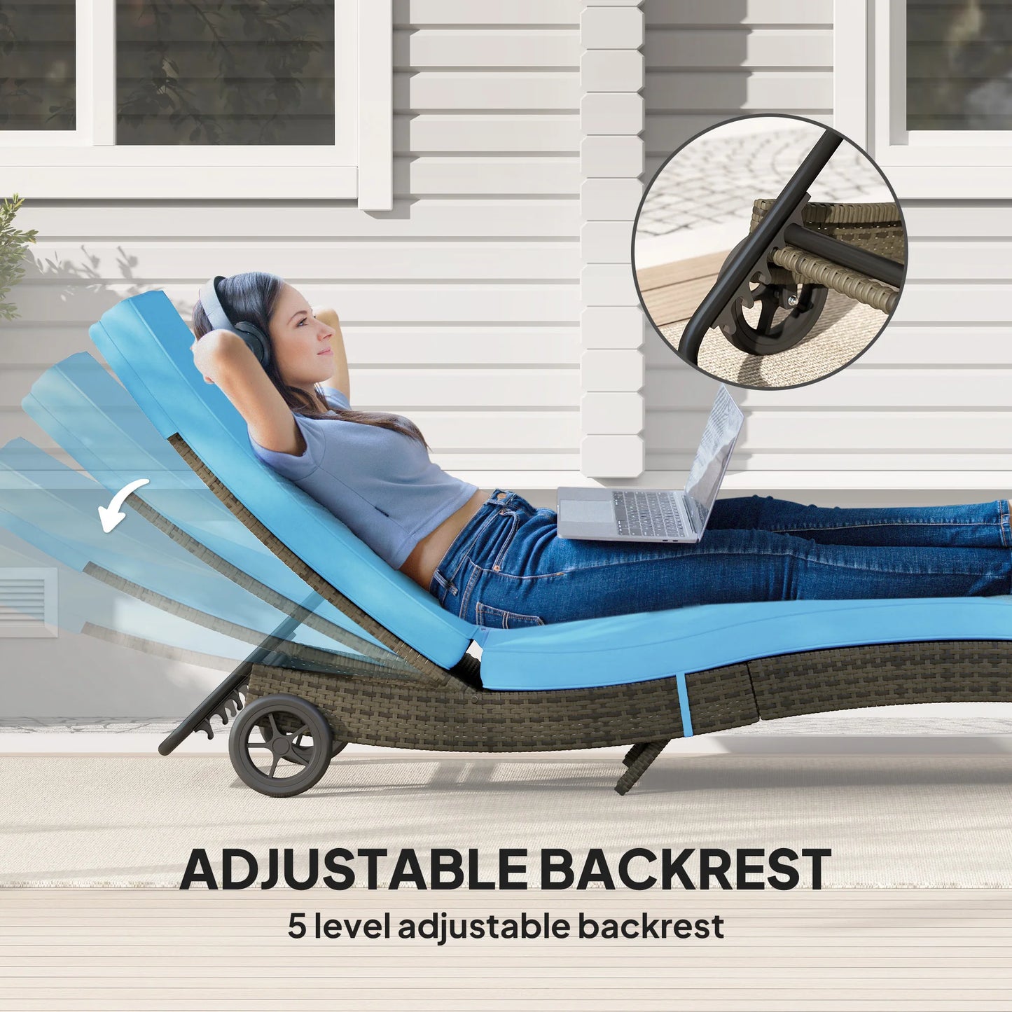 Outdoor Reclining Lounge Chair With Wheels For Patio And Garden