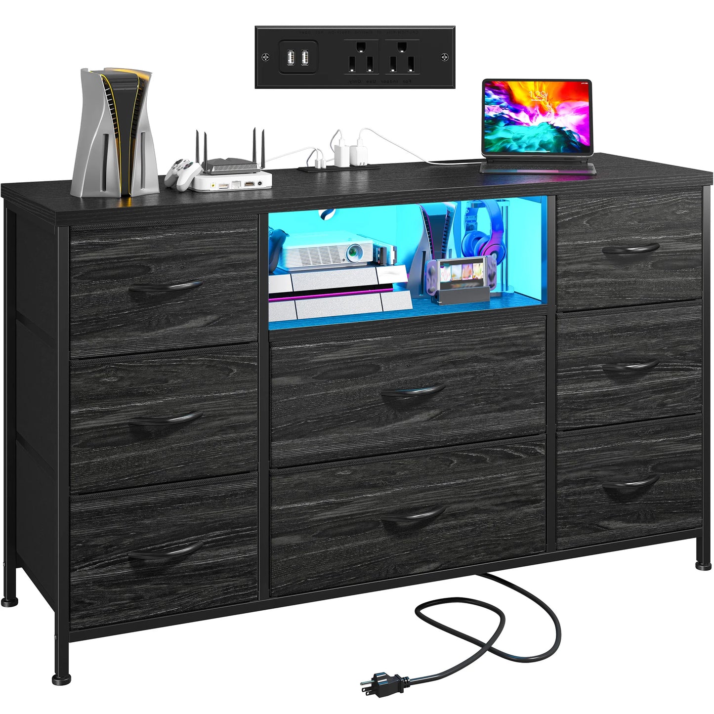 EnHomee 8-Drawer Media Dresser with LED Lighting & Built-in Charging Station - Fabric Storage Cabinet for 55" TVs, Ideal for Bedroom