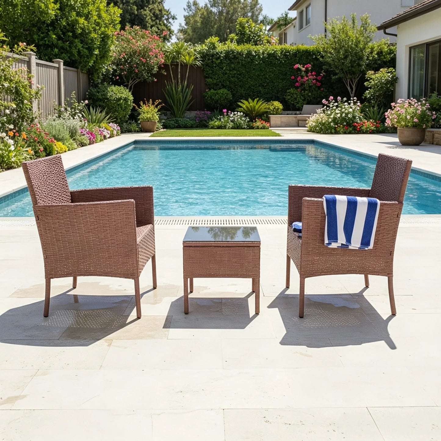 3 Piece Outdoor Rattan Patio Furniture Set With Side Table