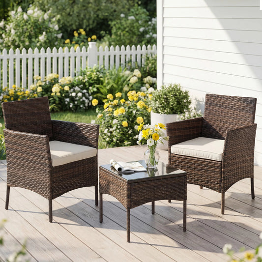 JHK 3 Piece Outdoor Rattan Patio Set With Cushioned Chairs