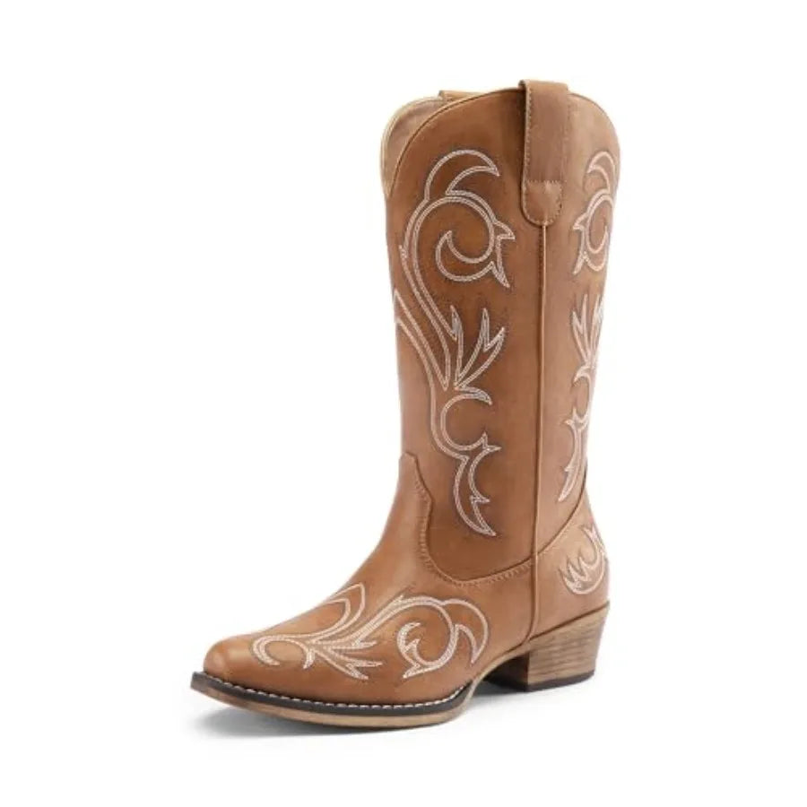 Mid Calf Women's Embroidered Square Toe Western Cowboy Boots