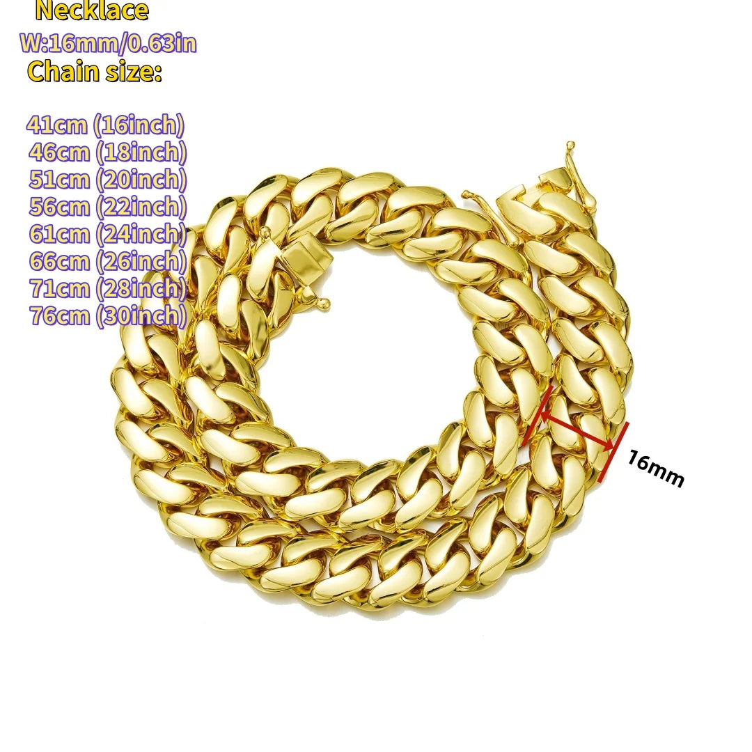 8-22mm Hip Hop Bling Gold Color Stainless Steel  Cuban Miami Link Chain Necklaces for 18k Gold-plated Men Rapper Jewelry(1PC)