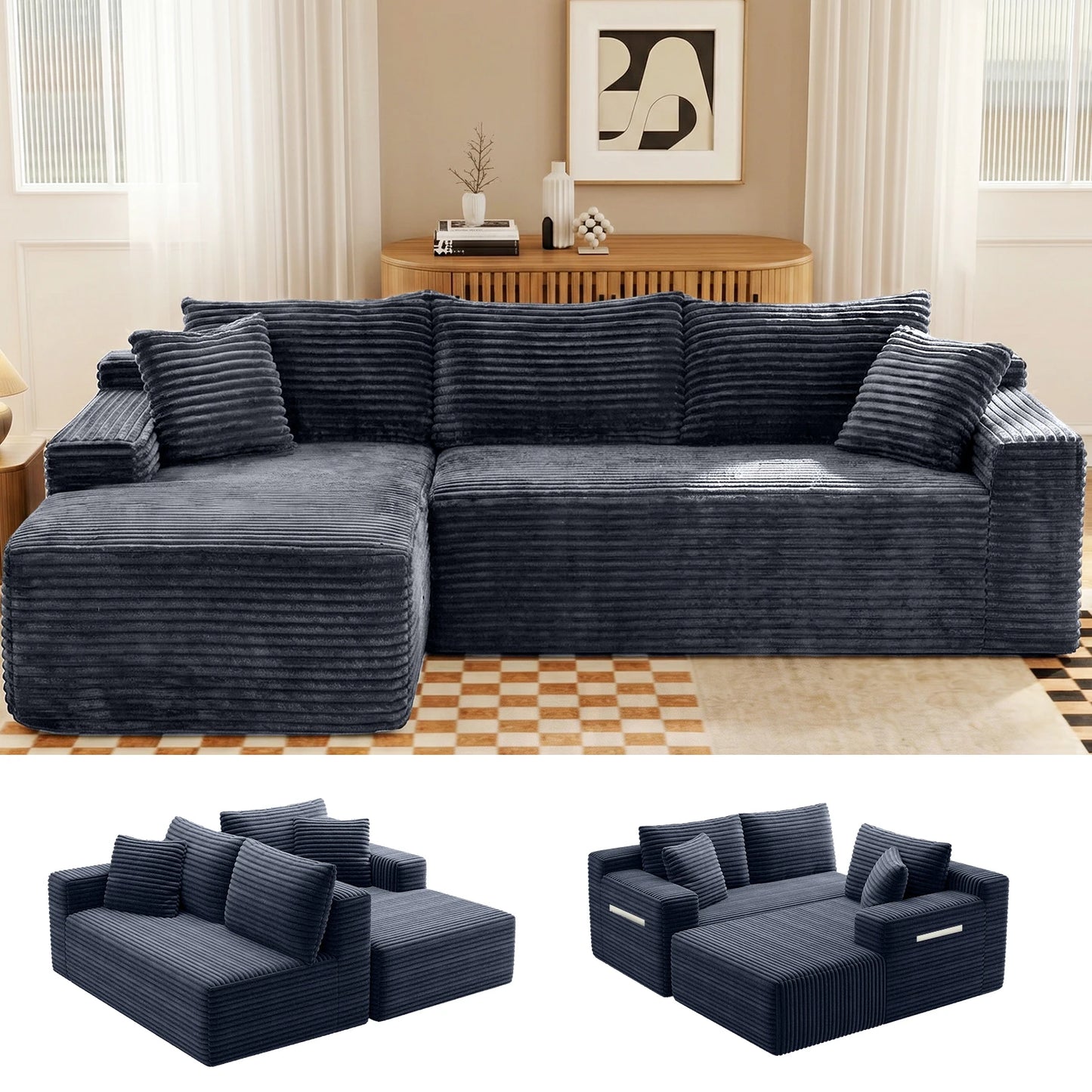 Black Corduroy Modular L-Shape Sectional Sofa With Chaise