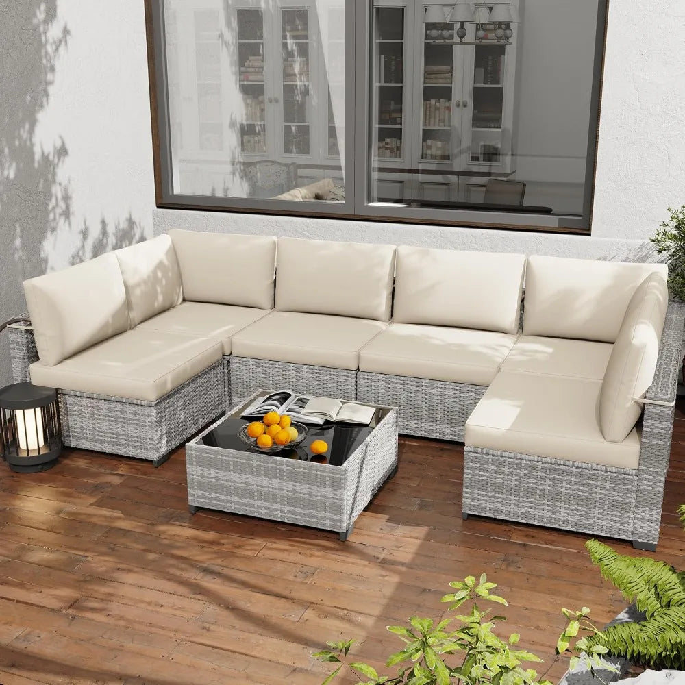 Seven Piece All Weather PE Rattan Modular Sectional Patio Set