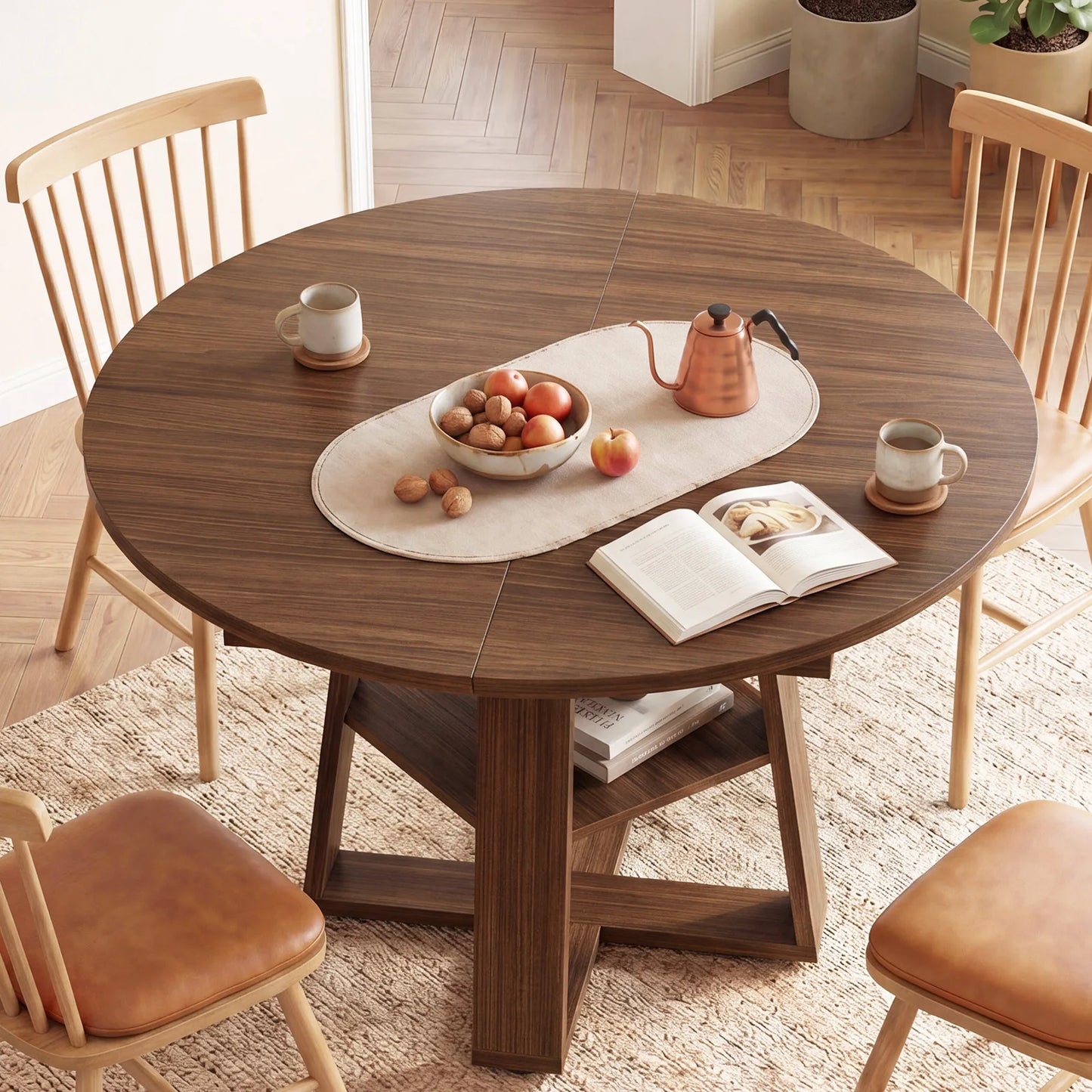 JHK Extendable Round Wood Dining Table With Storage