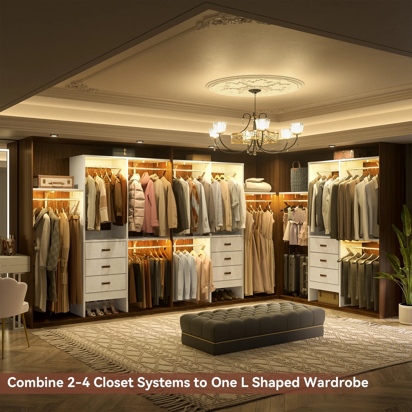 5FT Small Closet System with 3 Fabric Drawers, 60'' Walk In Closet Organizer System With 3 Adjustable Shelves