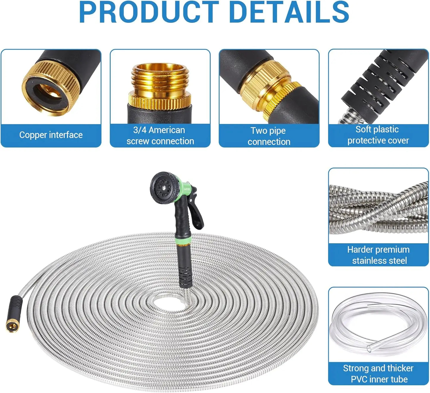 25Ft-150Ft Heavy Duty Stainless Steel Garden Hose with 10-Function Nozzle, No-Kink, Rust-Proof, Flexible & Lightweight Metal Water Hose Solid Brass 3/4'' Connectors for Yard, Outdoor, Car Washing