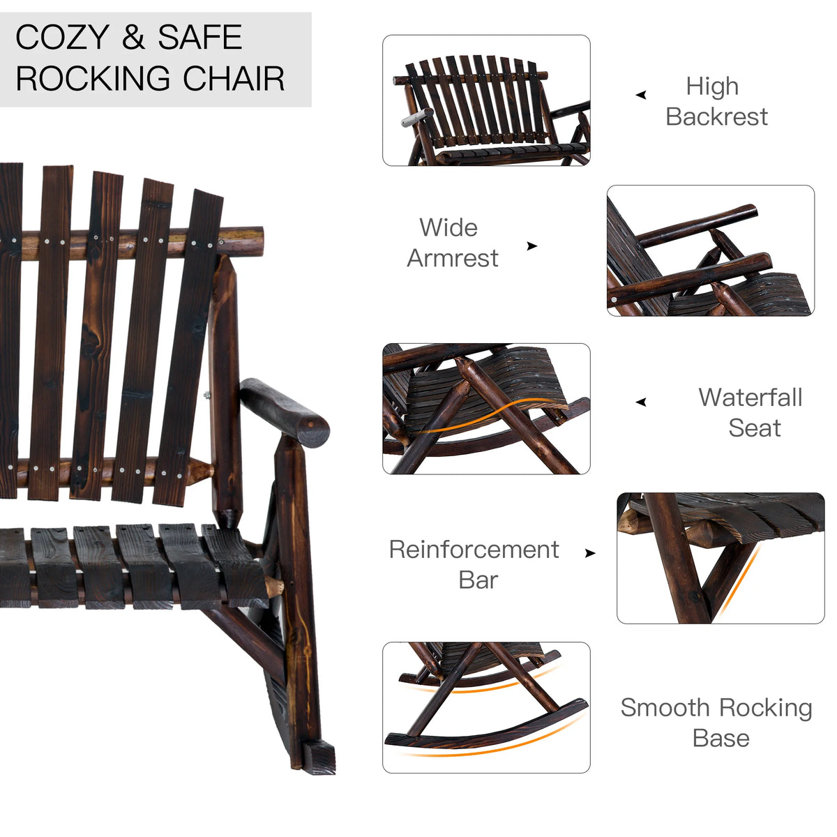 Wooden Adirondack Rocker Loveseat 2 Seat Wood Rocking Chair Porch Carbonized