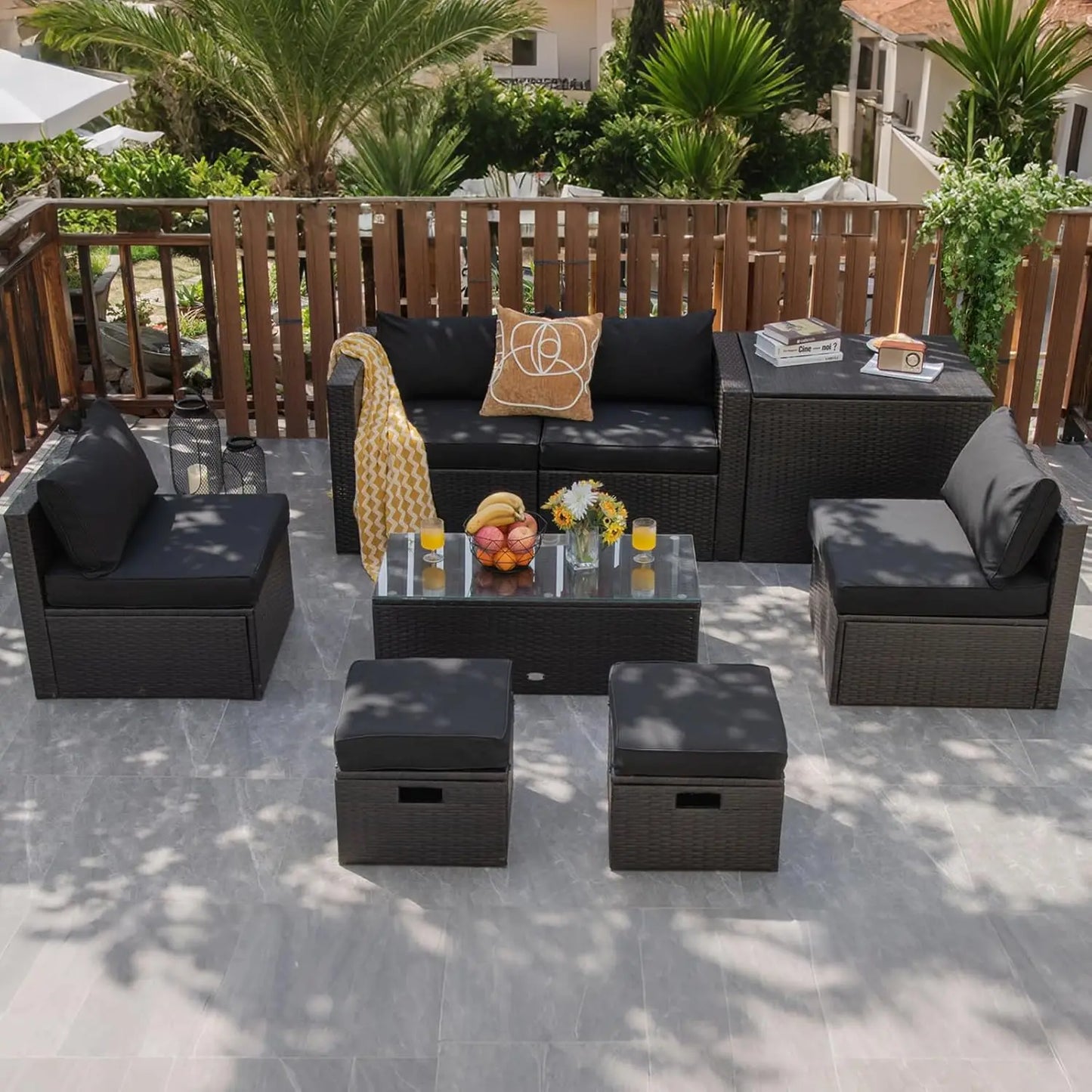 Rattan Outdoor Furniture Set With Glass Table And Storage Ottoman